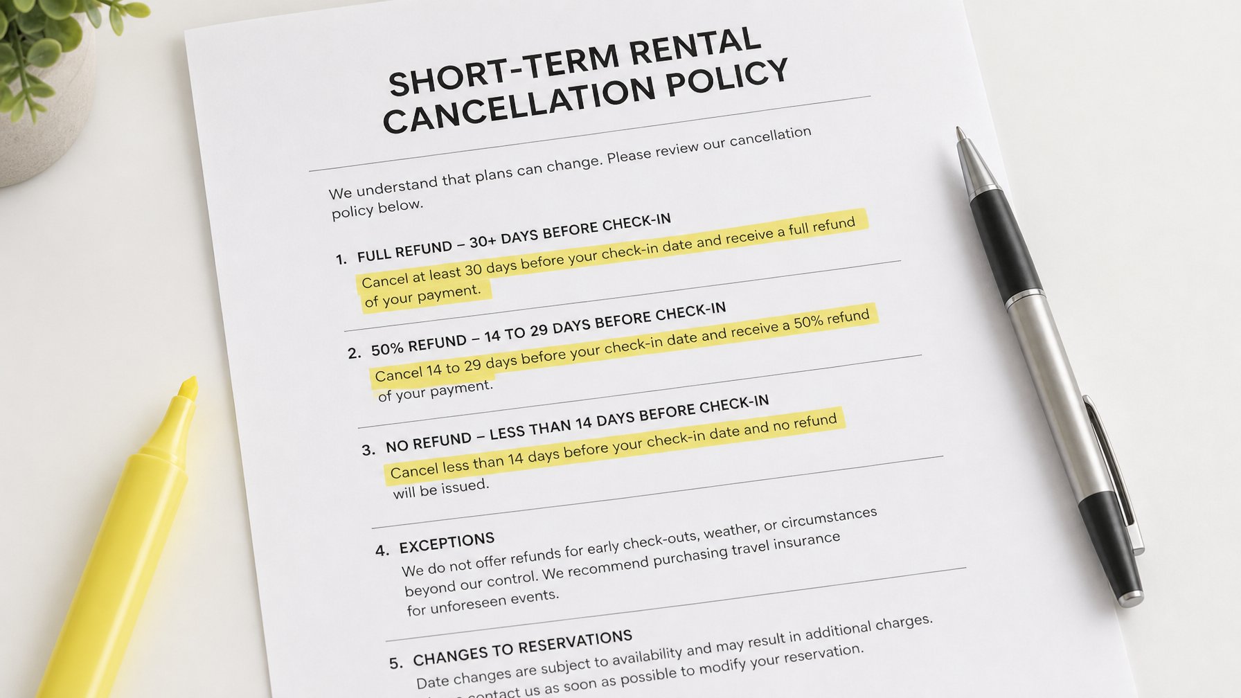 Close-up flat-lay of a printed short-term rental cancellation policy document with highlighted sections and a pen resting alongside it
