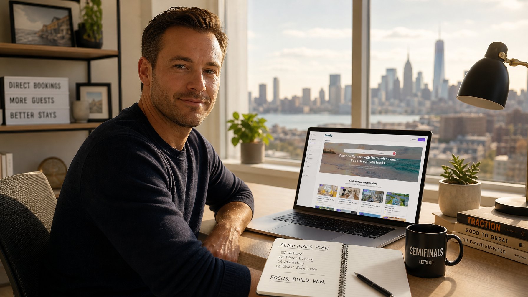 A vacation rental host setting up their direct booking website on Houfy ahead of the FIFA World Cup 2026 Semifinals to capture commission-free STR revenue