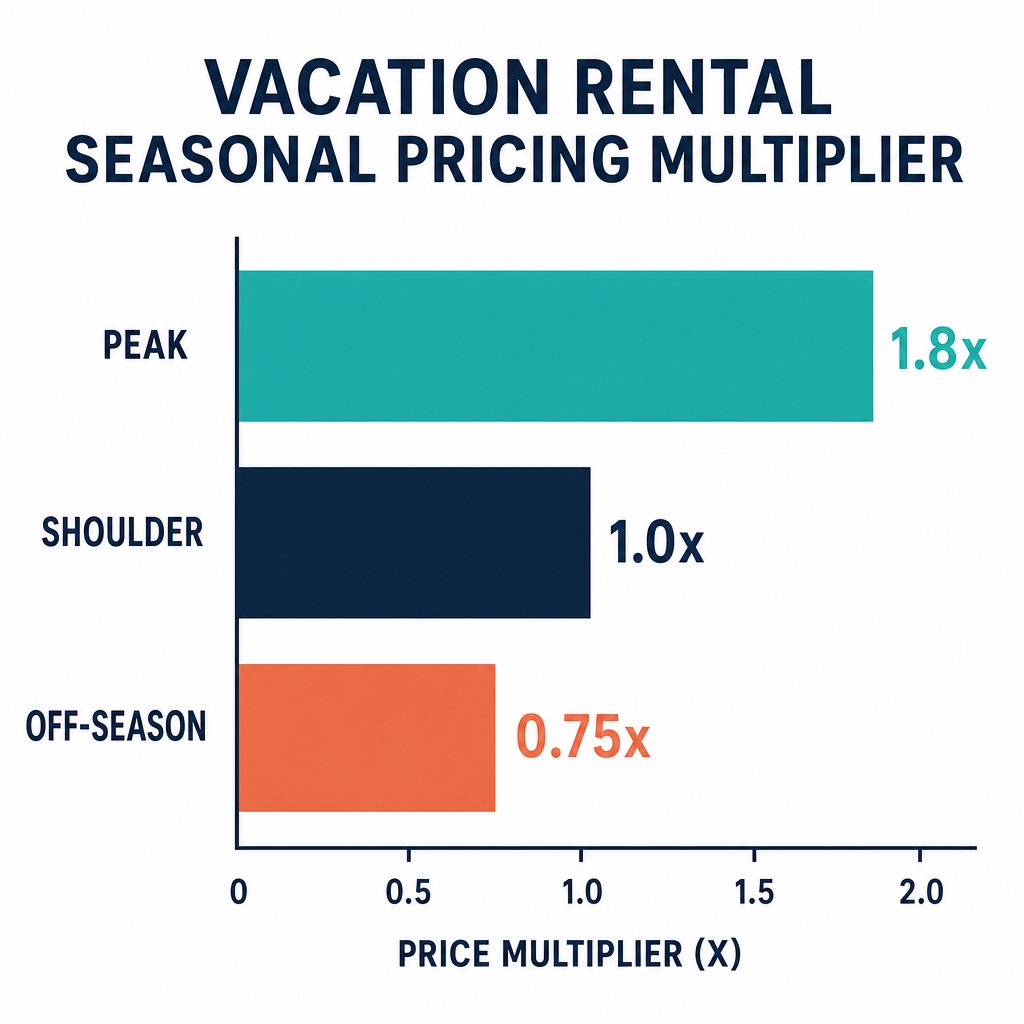 Bar chart showing vacation rental seasonal pricing multipliers: Peak season at 1.8x base rate, Shoulder season at 1.0x, and Off-Season at 0.75x