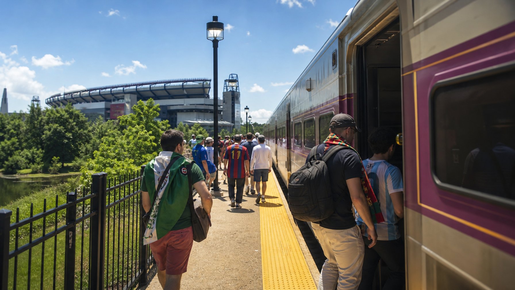 Soccer fans boarding an MBTA commuter train at a Massachusetts station platform with Gillette Stadium visible in the background on a sunny day