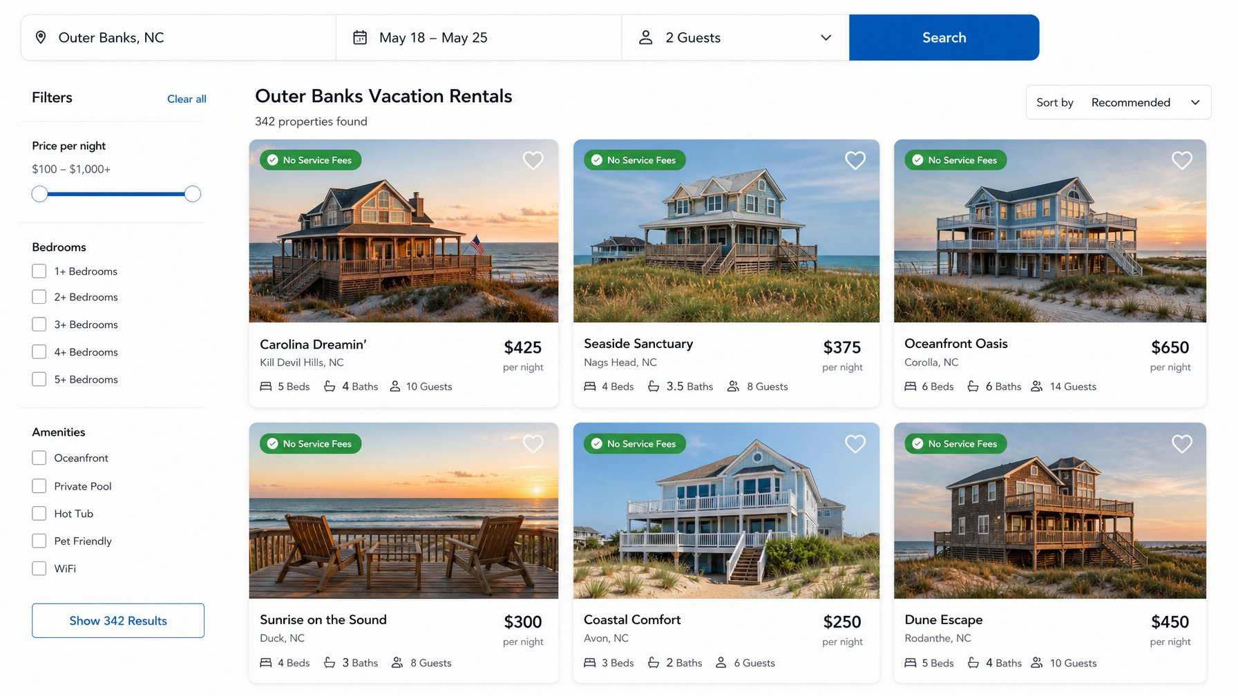 Vacation rental direct booking search results showing Outer Banks beach house listings with nightly rates and no-service-fee indicators — how guests book OBX properties without OTA platform charges