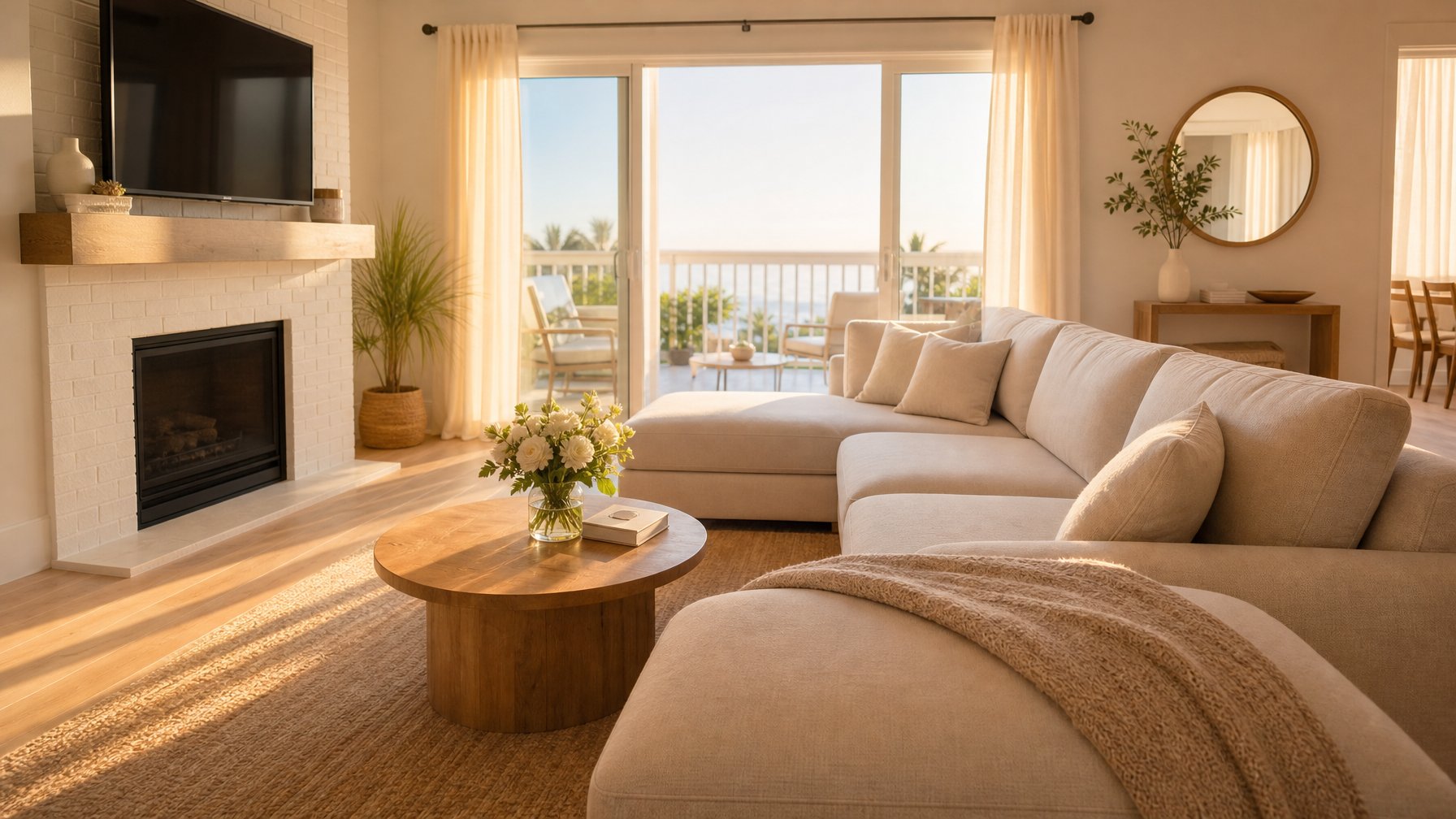 Vacation rental living room bathed in natural morning light through open curtains, clean staged interior with fresh flowers and throw blanket — demonstrating natural light vacation rental photography tips