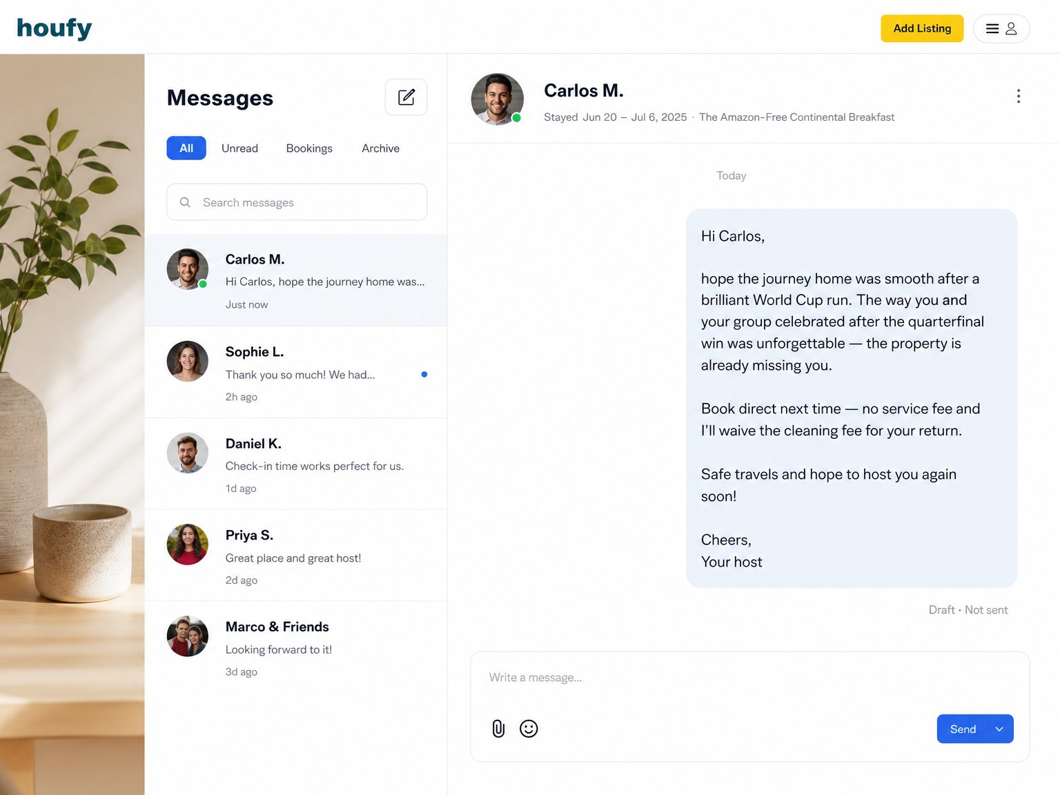 A personalized post-stay follow-up message from a vacation rental host to a World Cup 2026 guest offering a direct booking incentive to convert them into a repeat booking