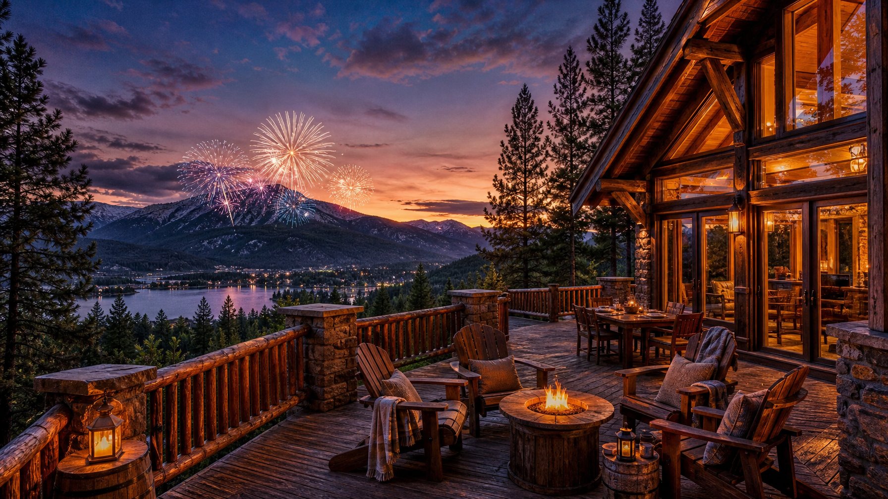 Mountain cabin vacation rental in Colorado Rockies at dusk on 4th of July, with fireworks bursting over the valley and Adirondack chairs on the timber deck