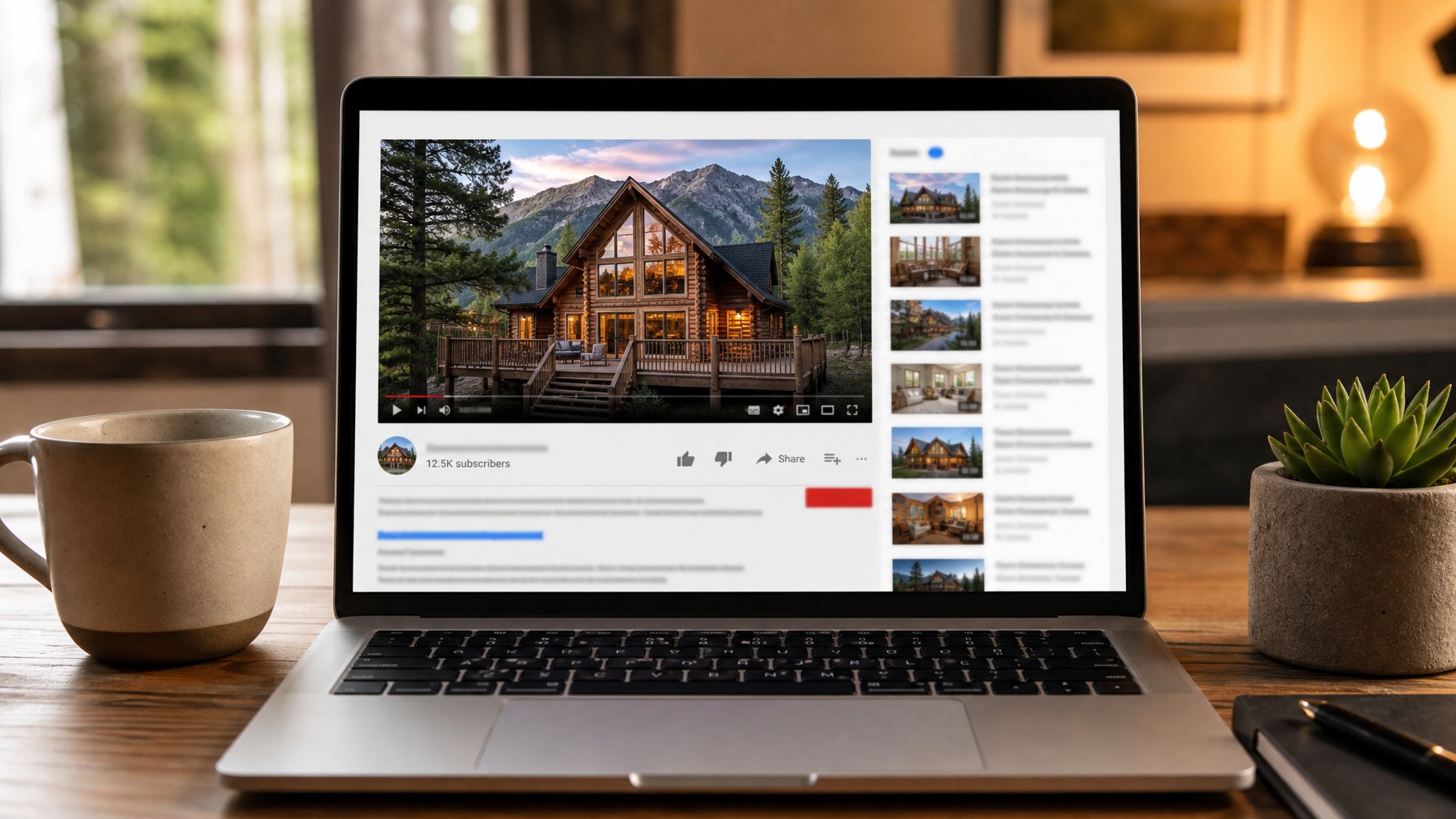 Laptop on a rustic wooden desk showing a vacation rental YouTube channel with a luxury mountain log cabin property tour video — book direct on Houfy