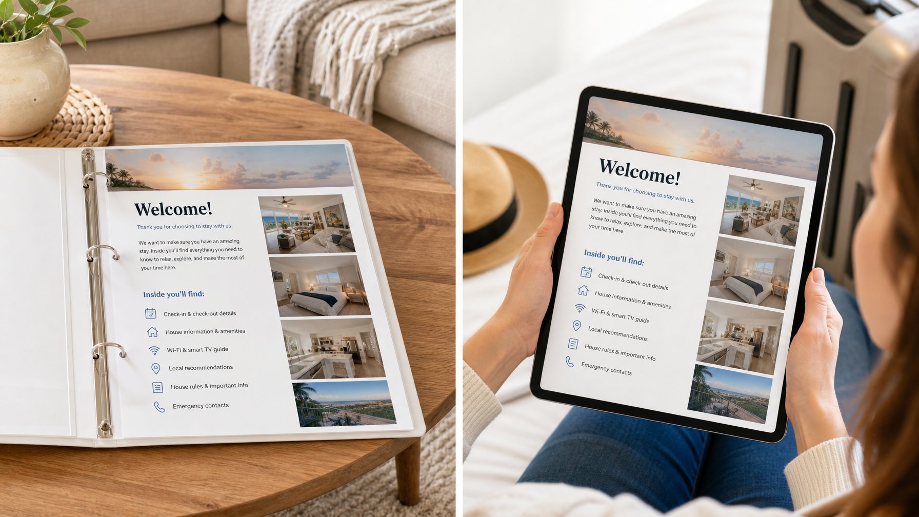 Printed vacation rental welcome binder on a coffee table on the left, and the same digital welcome guide on a tablet screen on the right