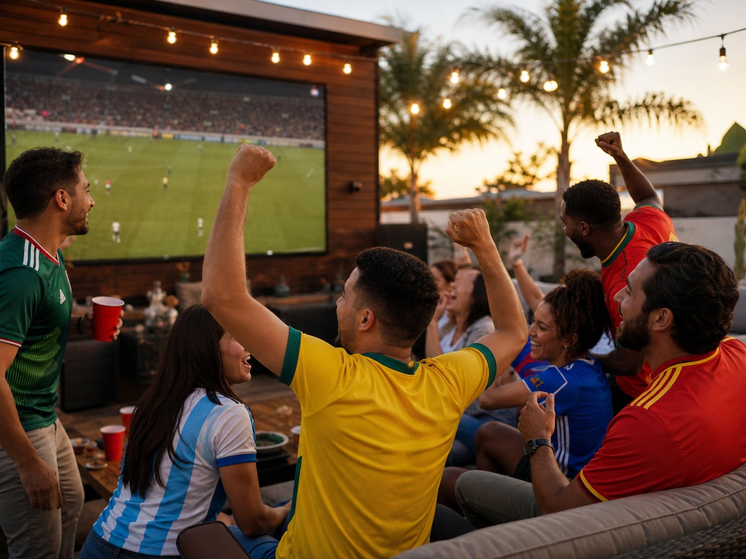 Los Angeles vacation rental backyard patio set up for a World Cup Round of 16 watch party