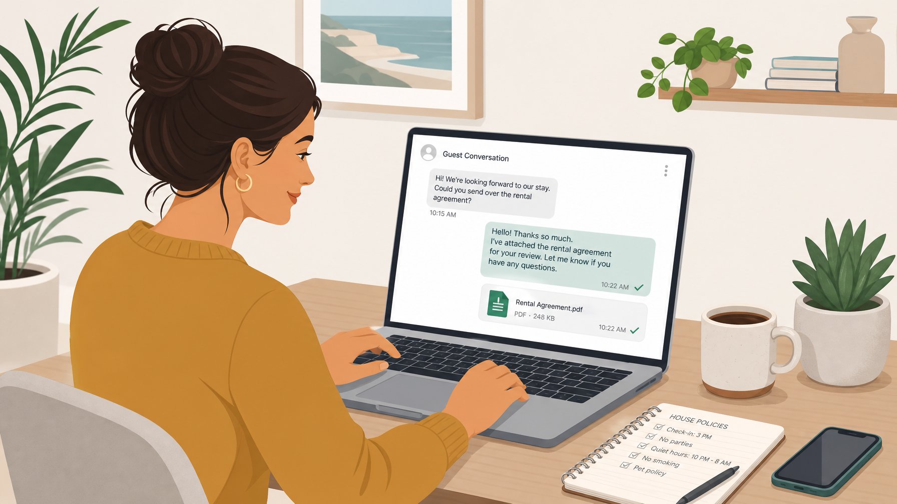 Vacation rental host managing a documented guest messaging thread on a laptop — timestamps, green sent checkmarks, and an attached agreement visible on screen