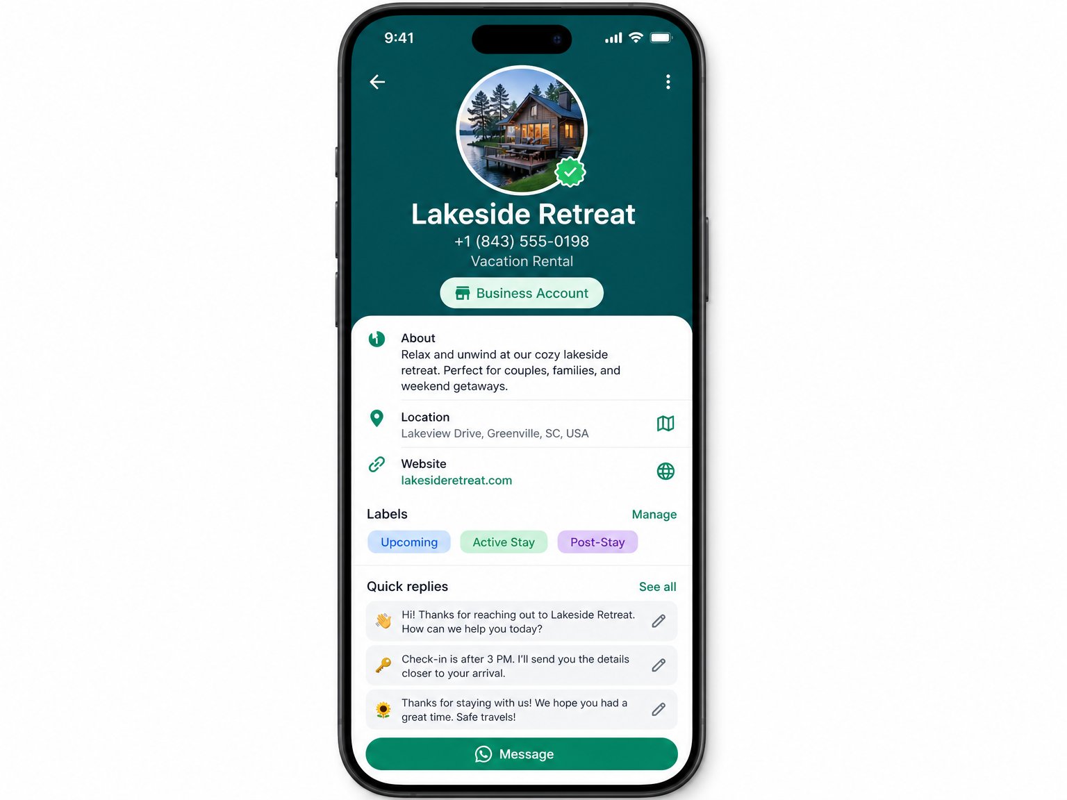 WhatsApp Business app showing vacation rental host profile with Upcoming, Active Stay, and Post-Stay label categories