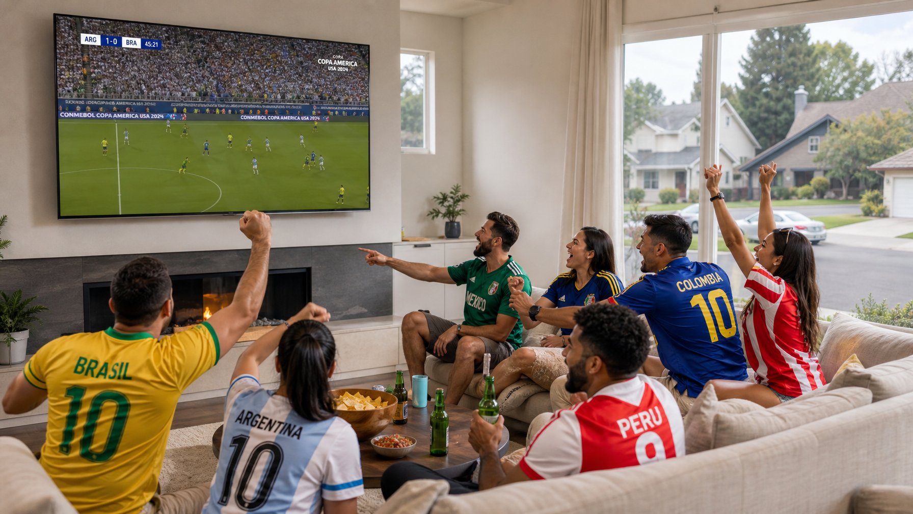 Copa America fan watch party inside a Bay Area vacation rental, fans cheering at large TV in team colors with San Jose neighborhood visible through the window