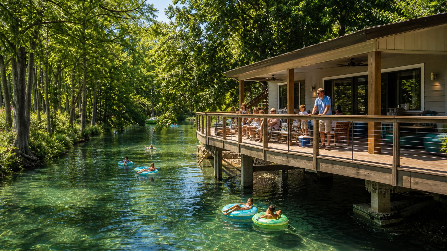 New Braunfels Texas river house vacation rental with back deck over the Guadalupe River, guests tubing in clear green water below, cypress trees lining the banks in summer