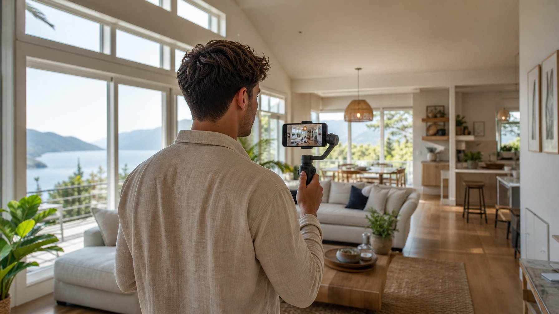 Host filming a vacation rental tour with a smartphone gimbal in a sunlit open-plan living room with panoramic water views — list your fee-free vacation rental on Houfy