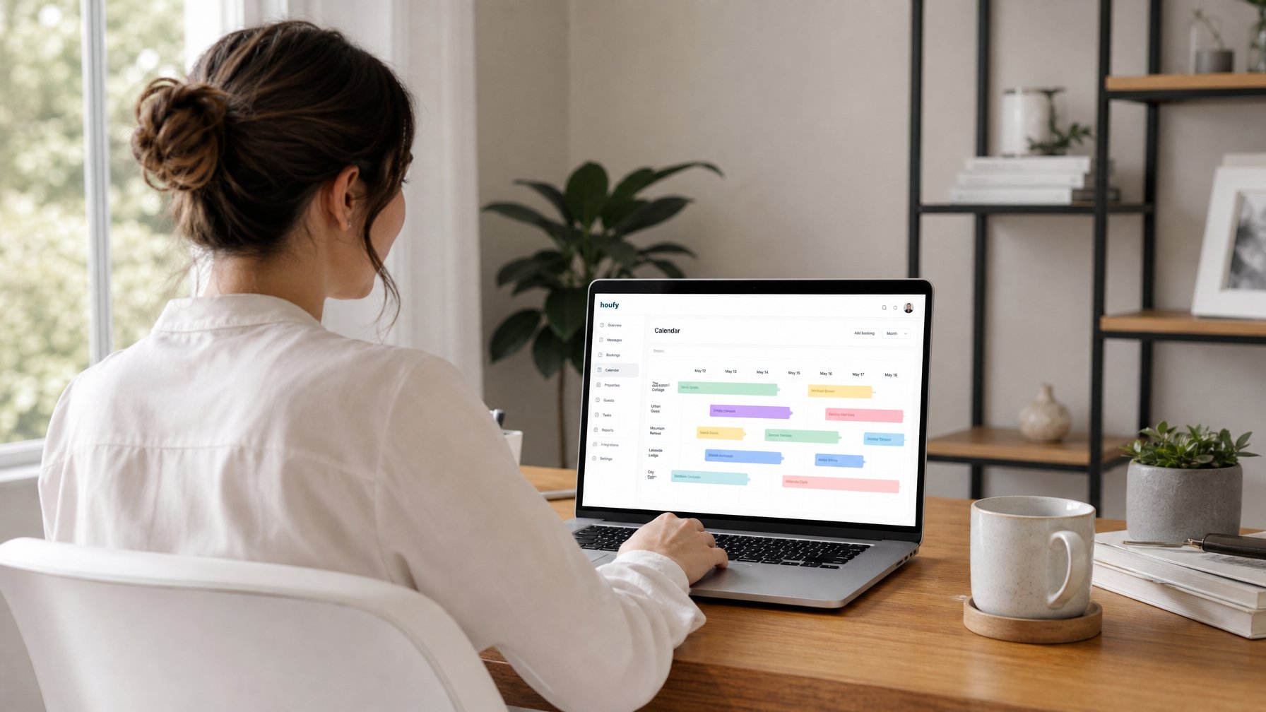 A vacation rental host managing a unified calendar dashboard at a bright home office desk, representing the step-by-step iCal sync setup process across Airbnb, VRBO, and Houfy