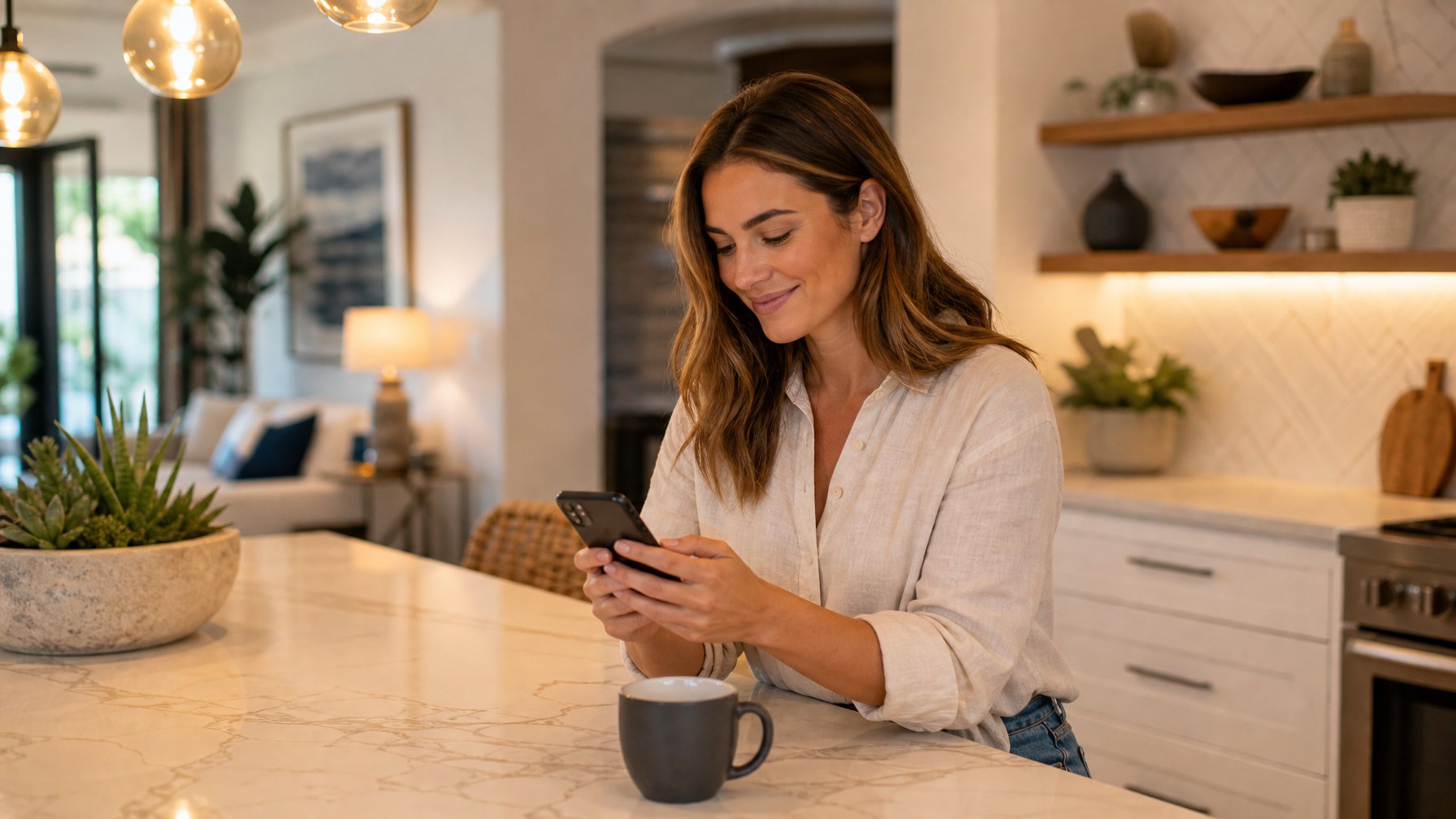Vacation rental host reading a guest message on their phone at a kitchen island inside a modern rental property