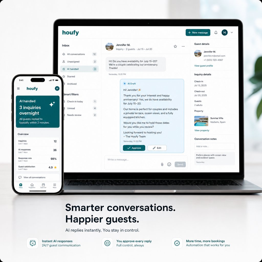 AI-powered messaging interface for vacation rental automation showing a guest inquiry thread with an AI-drafted reply, Approve and Edit buttons, and a mobile notification reading AI handled 3 inquiries overnight — AI messaging tools for short-term rental hosts