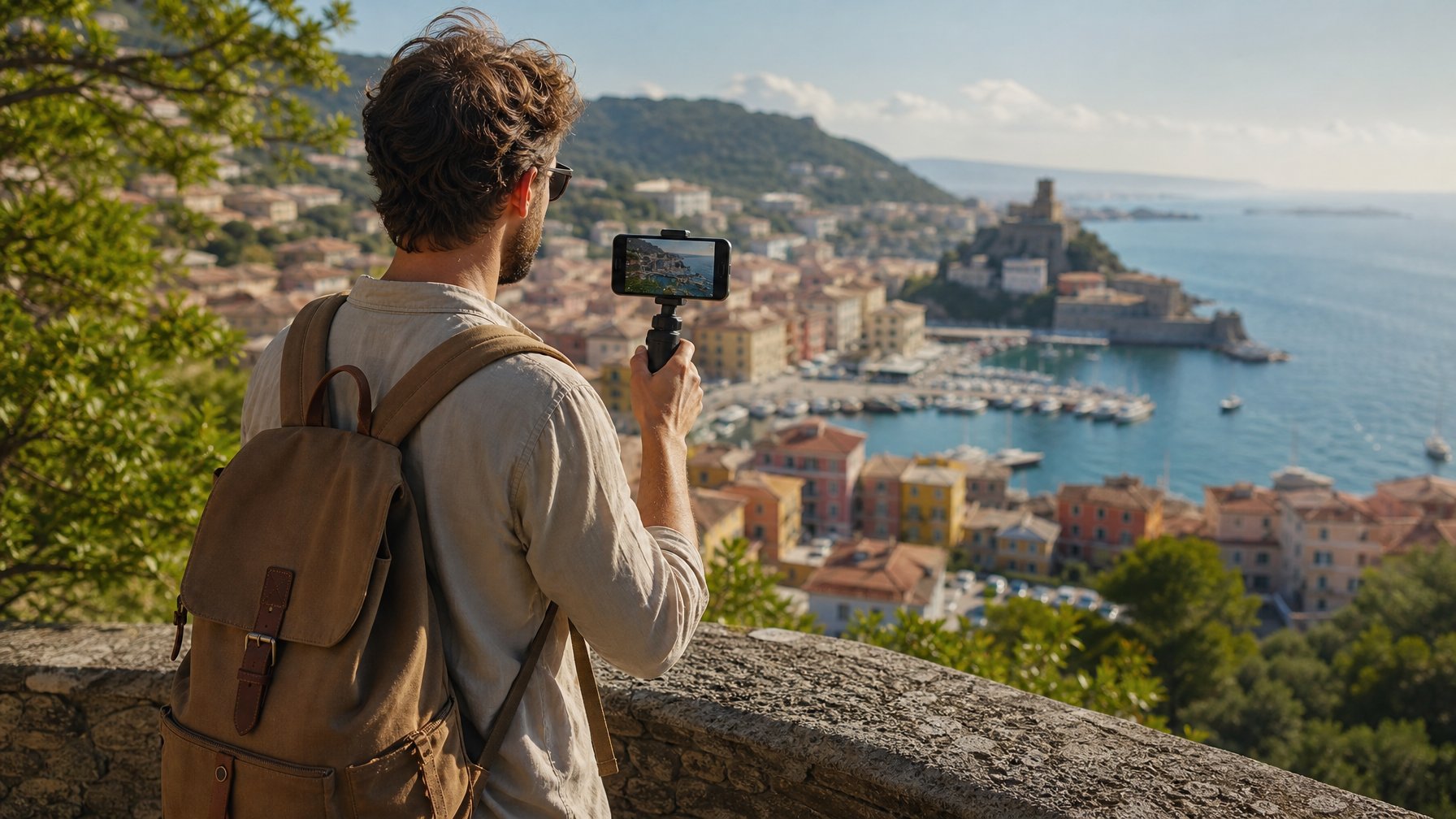 Vacation rental host filming a destination guide from a scenic coastal viewpoint overlooking a colorful harbor town with boats and a historic tower — find fee-free vacation rentals on Houfy
