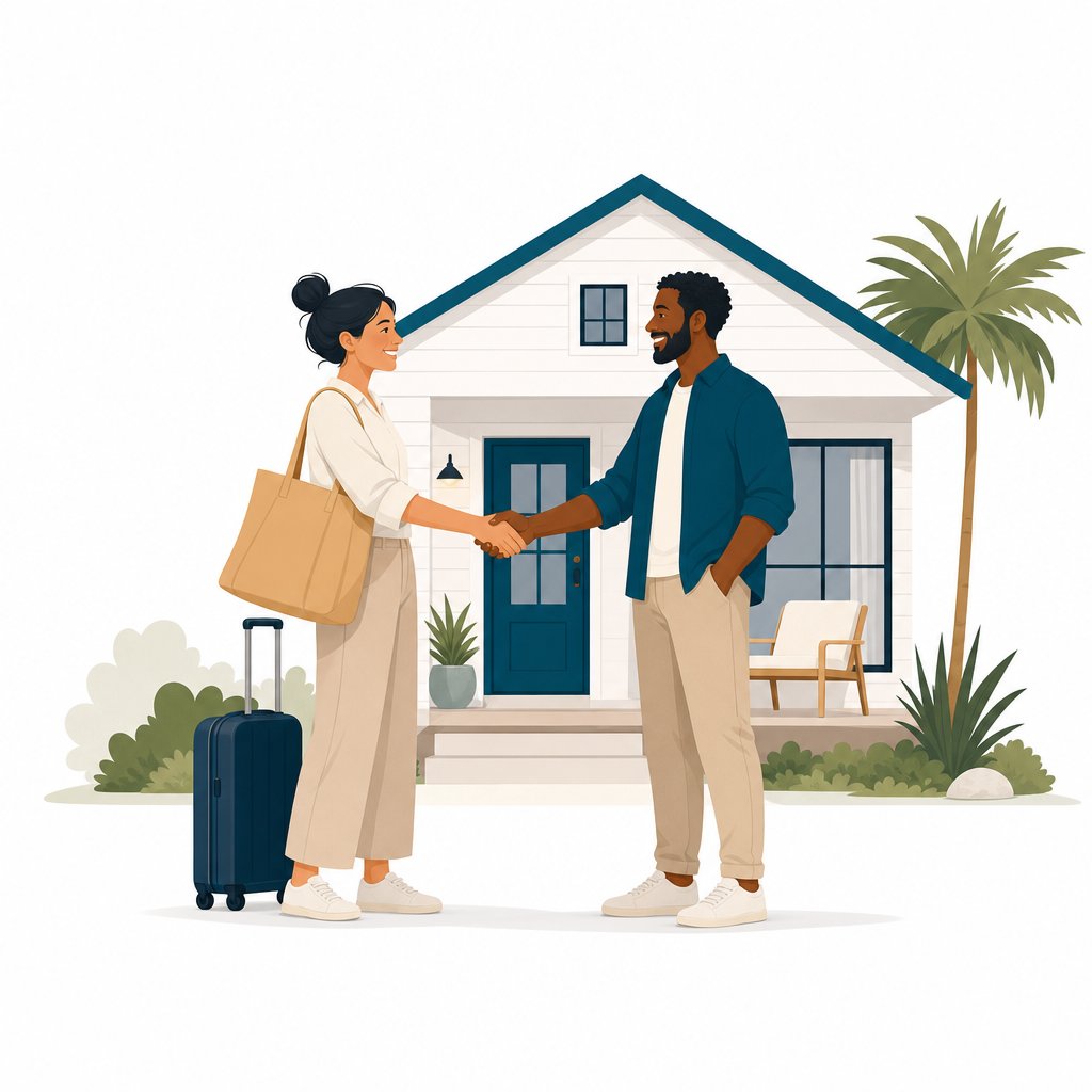 Host welcoming a guest arriving with luggage at a Houfy vacation rental, representing a direct booking with no platform middleman