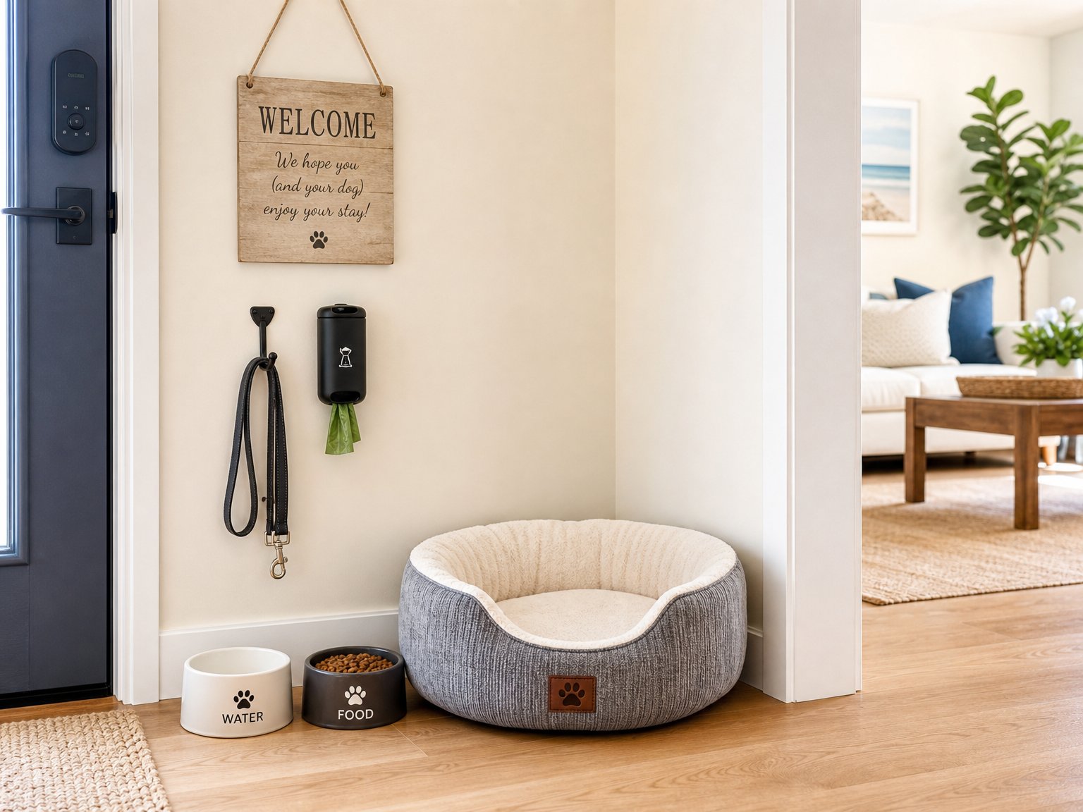 Organized pet amenity corner in a vacation rental with a ceramic water bowl, food bowl, plush dog bed, leash hook, and waste bag dispenser on a hardwood floor