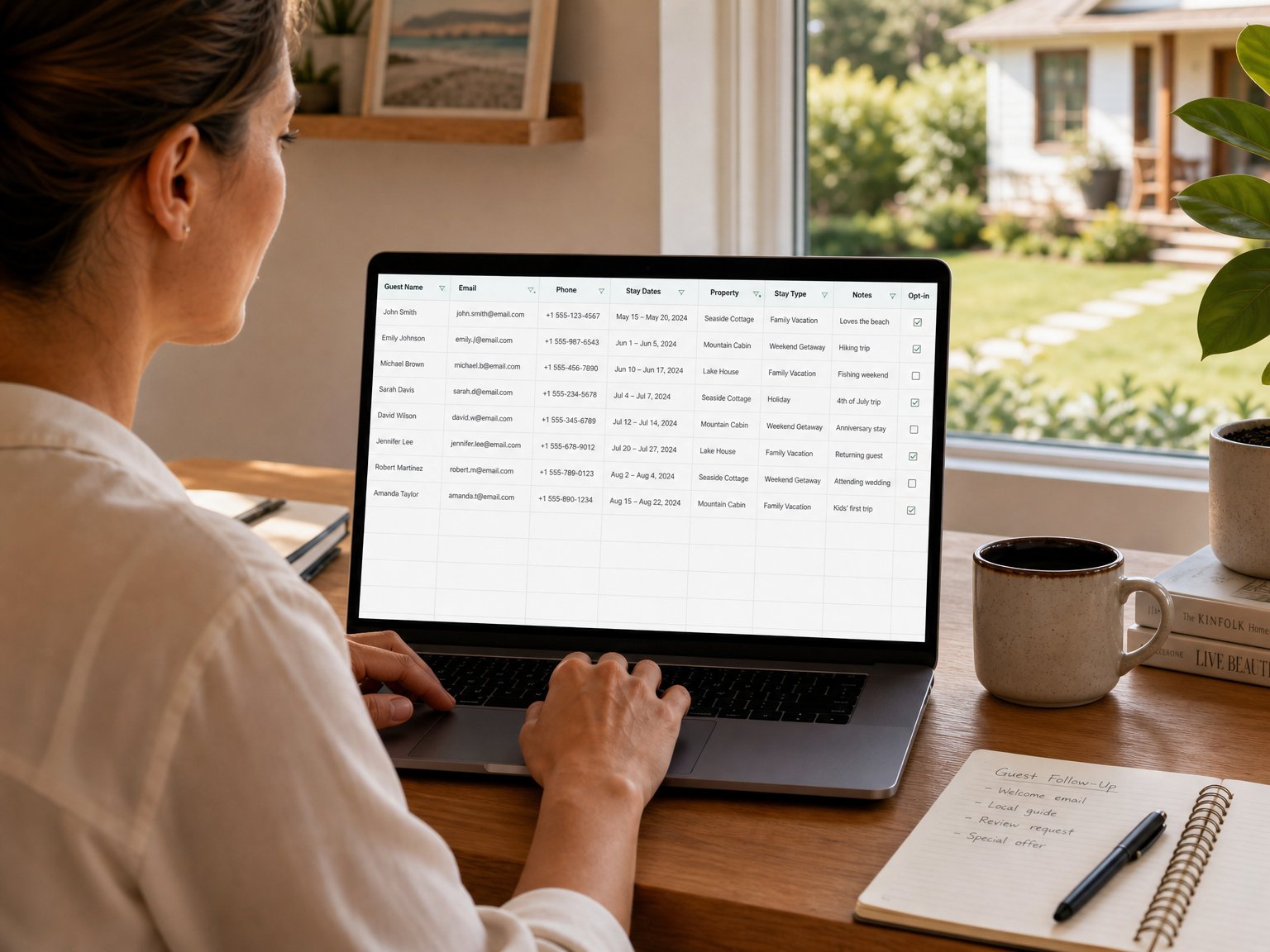 vacation rental guest database spreadsheet setup with columns for name email phone stay dates and opt-in status