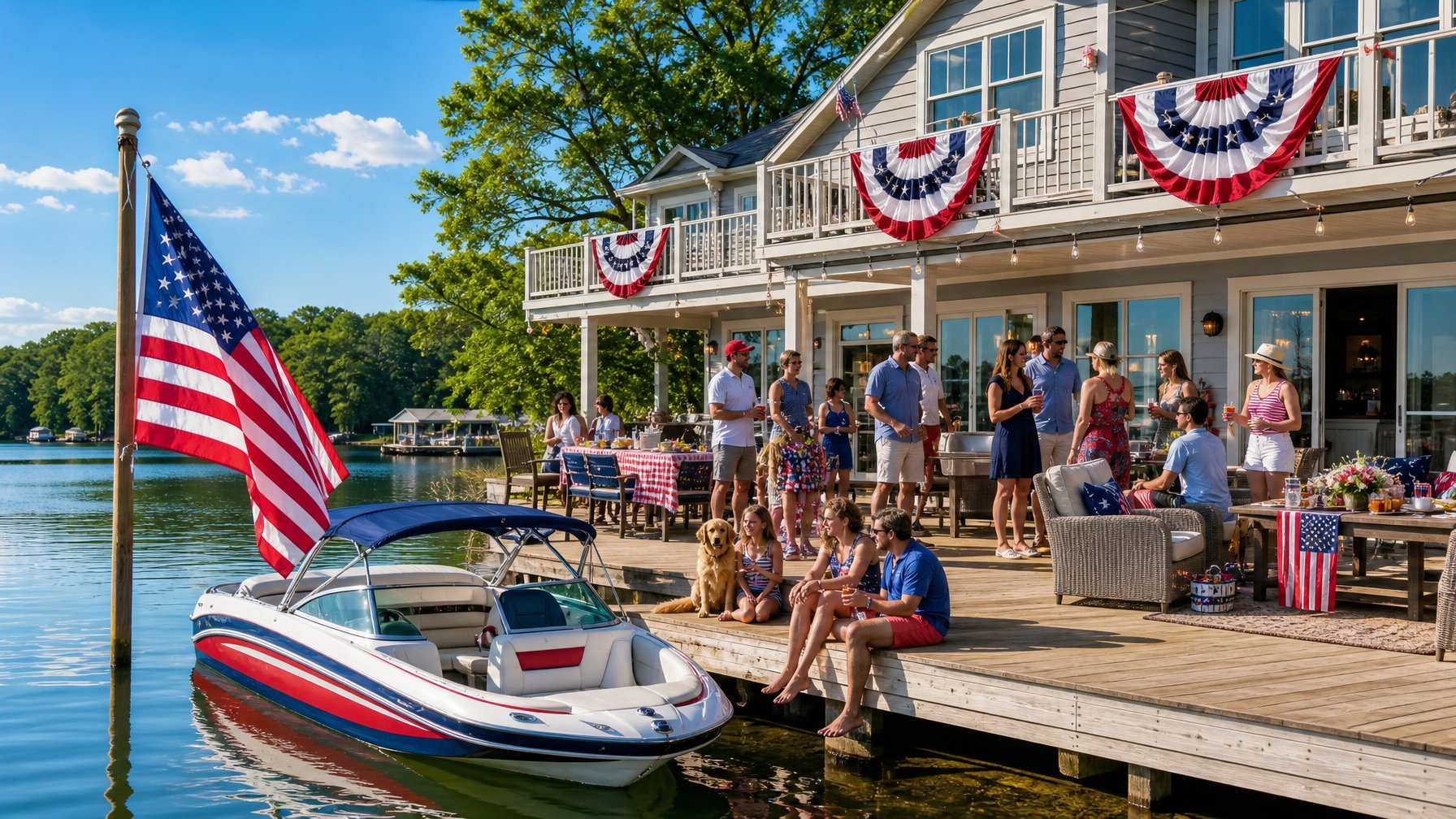 Lake house vacation rental with American flag on dock and speedboat tied up, guests celebrating on large deck for 4th of July — a top Independence Day rental type