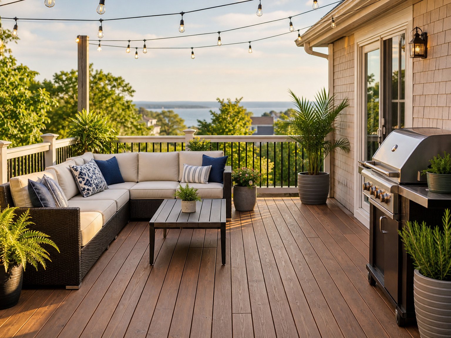 Vacation rental deck at golden hour with wicker sectional, cream cushions, Edison string lights, gas grill, and waterfront view beyond the railing — book a fee-free vacation rental on Houfy