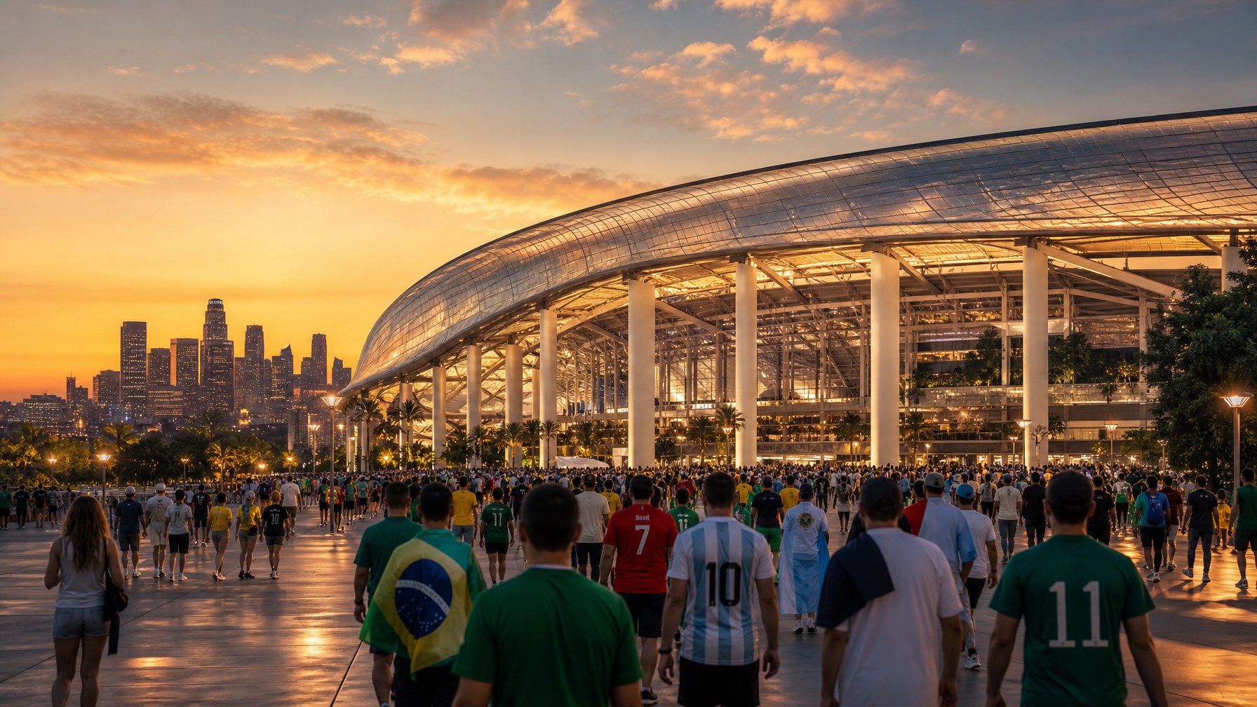 World Cup fans in national jerseys walking toward SoFi Stadium in Inglewood at golden sunset with the Los Angeles skyline silhouetted in the background