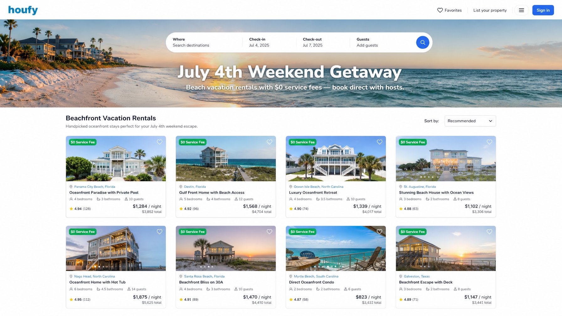 Laptop screen showing beach vacation rental search results for July 4th weekend on Houfy — each listing card displays a green "$0 Service Fee" badge alongside oceanfront property photos and transparent pricing