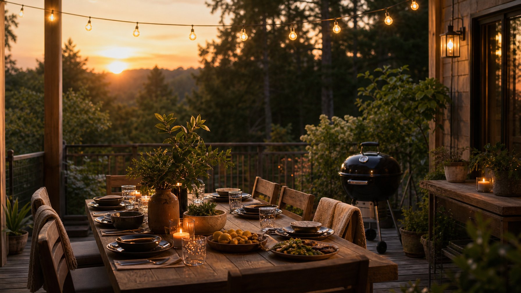 Vacation rental backyard patio at dusk with a long wooden dining table set for a group dinner, string lights overhead, and a charcoal grill