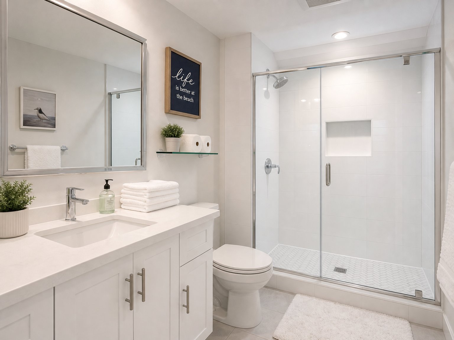 Spotless vacation rental bathroom with stacked white towels, walk-in glass shower, toilet paper on shelf, and beach-themed décor — book a fee-free vacation rental on Houfy