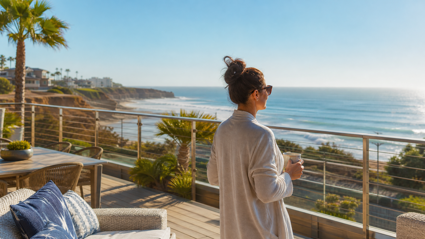 A San Diego vacation rental deck in January sunshine showing the year-round climate consistency that makes San Diego unique among US vacation rental markets