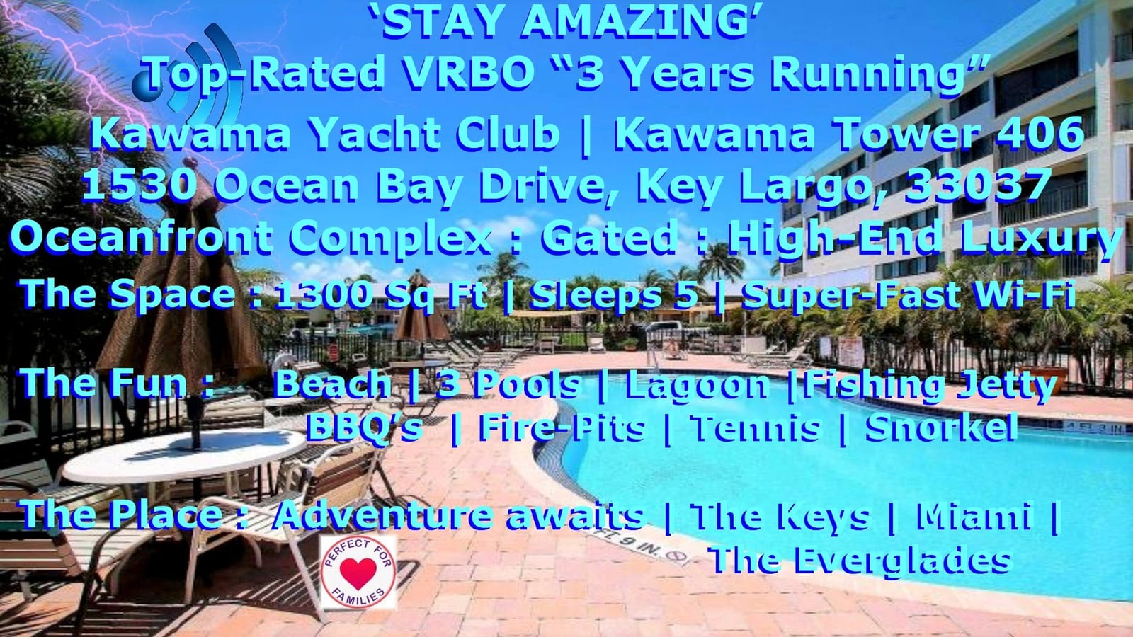 Your Key Largo resort paradise: Gated luxury at Kawama Yacht Club (Tower 406) with 3 heated pools, private saltwater lagoon, beach access, and family-friendly amenities