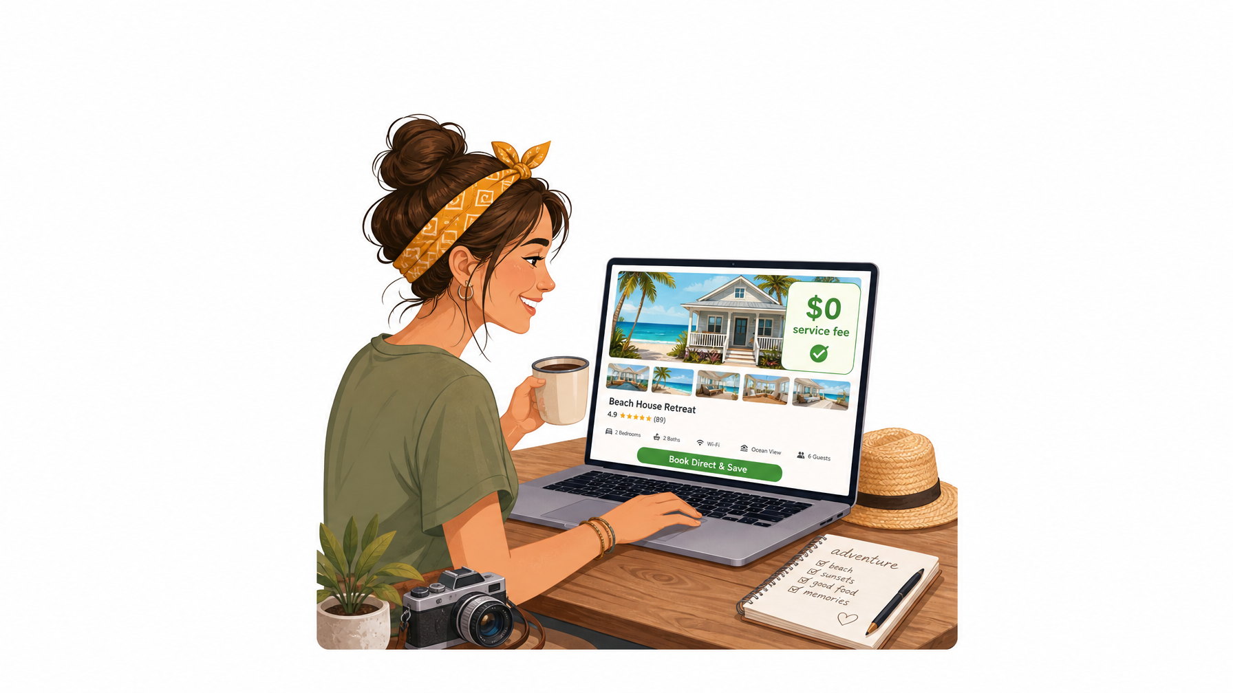 A friendly illustration of a traveler smiling at a laptop screen showing a vacation rental listing with a green $0 service fee badge.