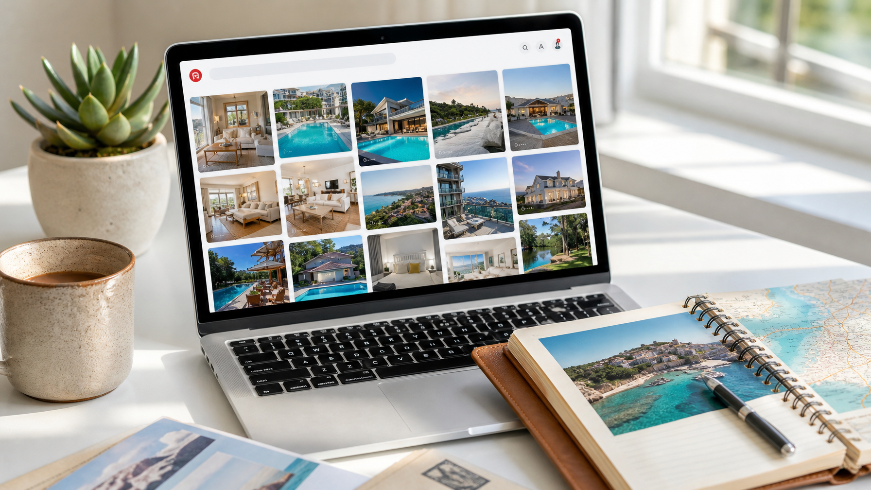 Travel planning scene with laptop showing Pinterest vacation rental boards, journal and coffee on white desk