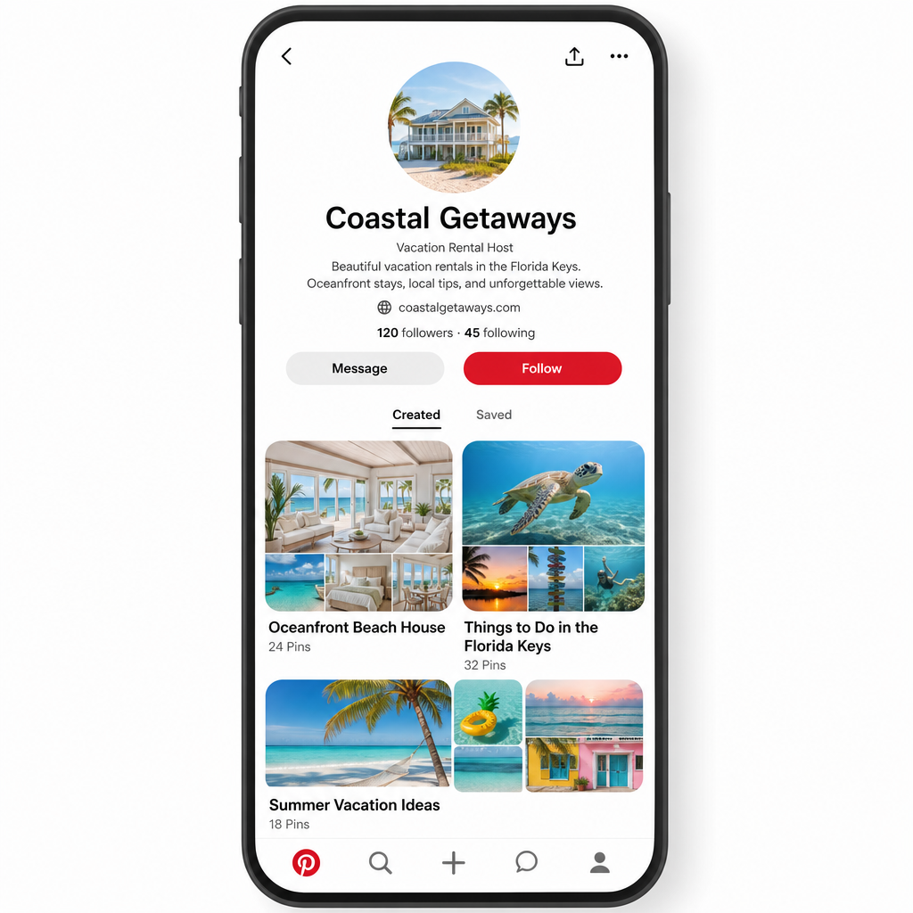 Pinterest Business Account profile for a vacation rental host showing property boards on mobile