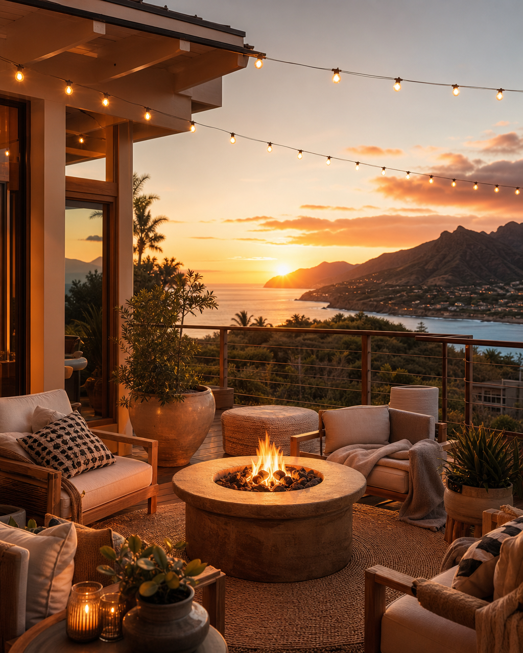 Vacation rental outdoor deck at golden hour with fire pit, lounge chairs and string lights perfect for Pinterest travel pins
