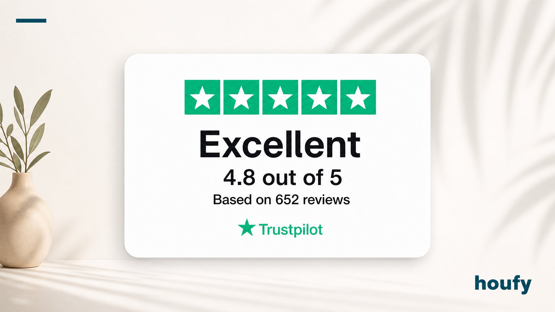 Houfy Trustpilot rating badge showing 4.8 out of 5 Excellent score from 652 verified reviews