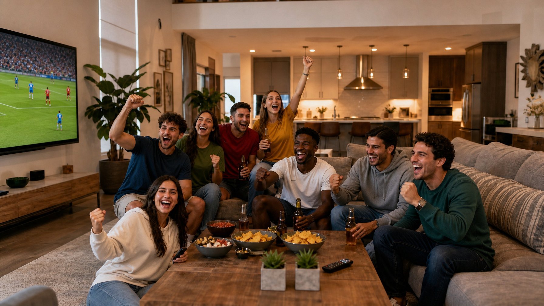 Diverse group of international friends cheering while watching a soccer match on a large TV in a spacious vacation rental living room