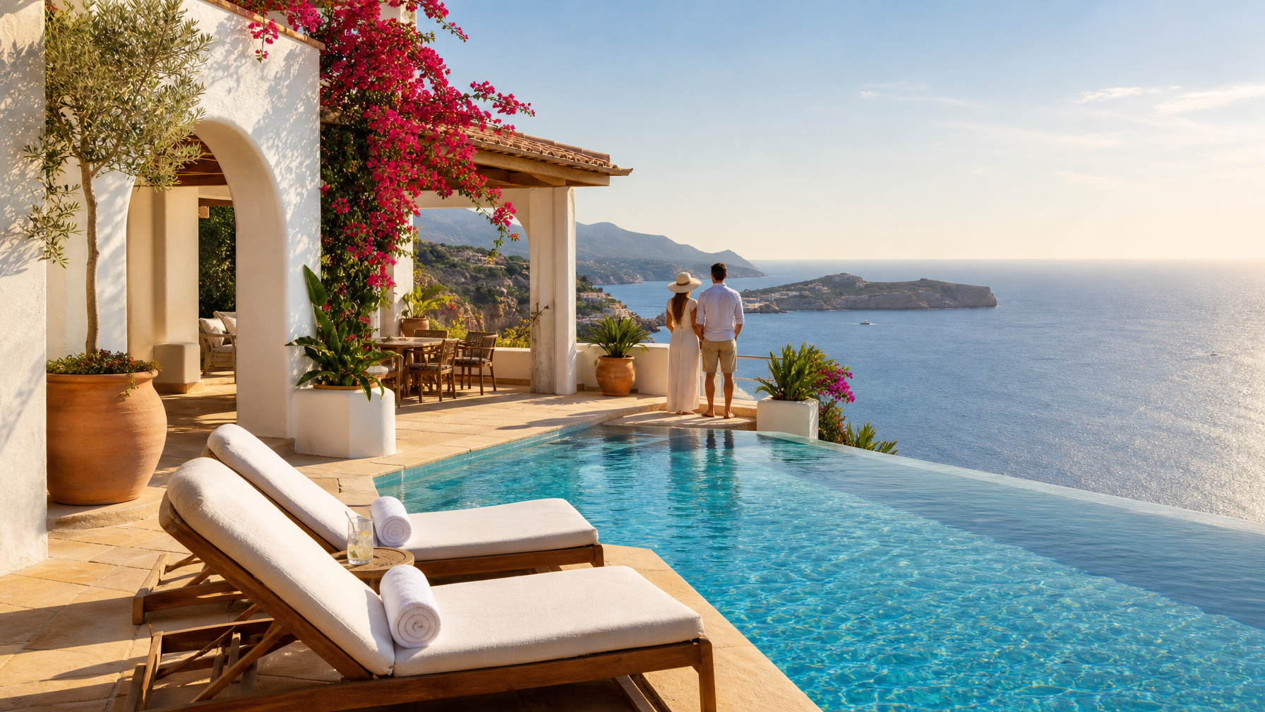 Luxury vacation rental villa with infinity pool overlooking a Mediterranean sea view, white architecture, terracotta tiles, and bougainvillea — premium Airbnb alternatives Plum Guide and One Fine Stay