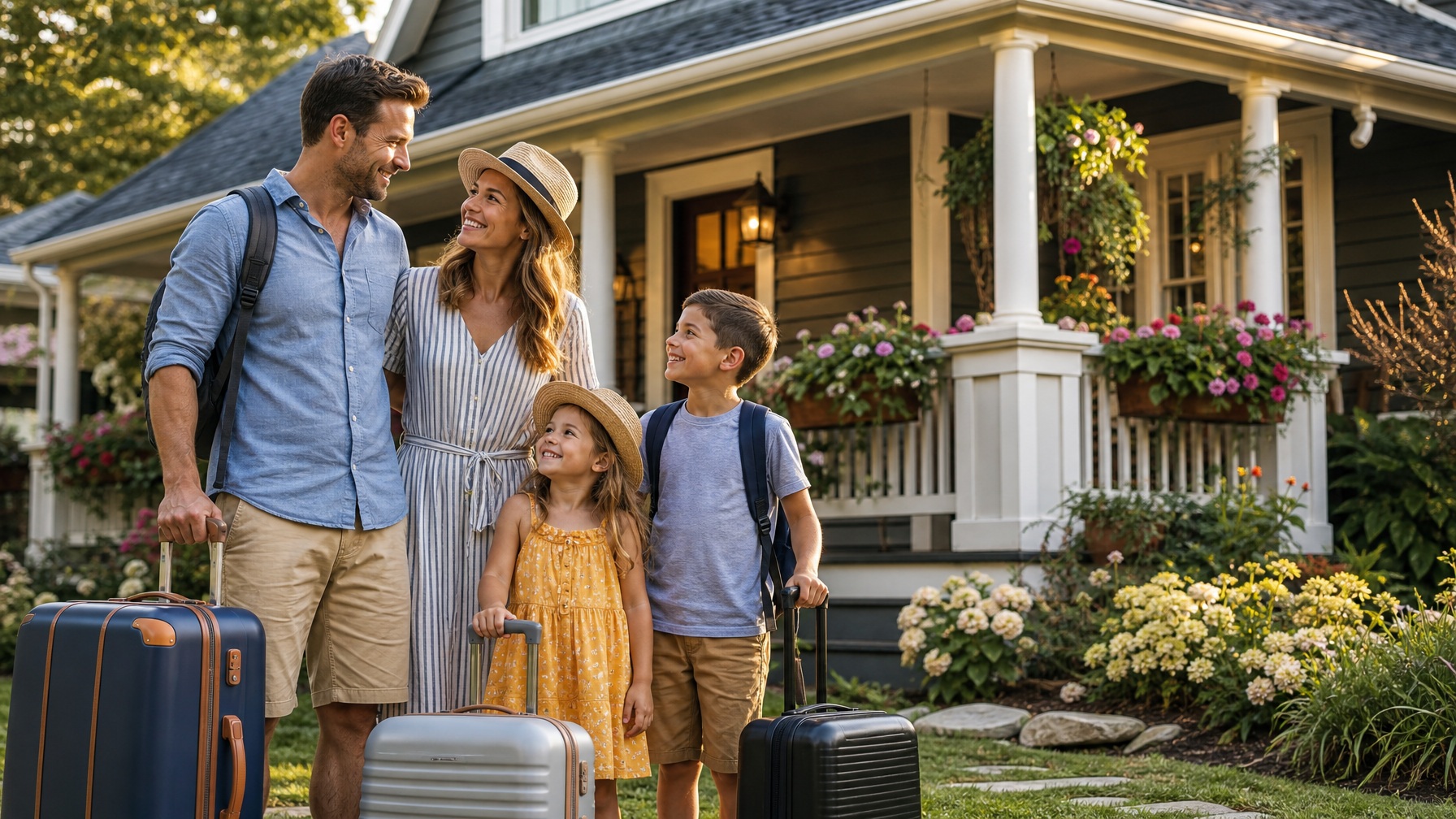 Happy family of four with two young children arriving at a craftsman-style vacation rental home with suitcases on a wrap-around porch — family-friendly Airbnb alternatives including Kid and Coe