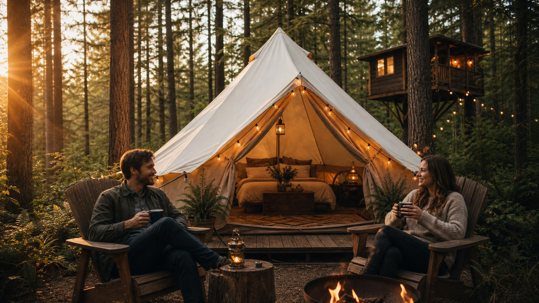 Premium canvas glamping bell tent with fairy lights set in a Pacific Northwest forest at golden hour with a treehouse partially visible in the background — outdoor Airbnb alternative for nature-based stays