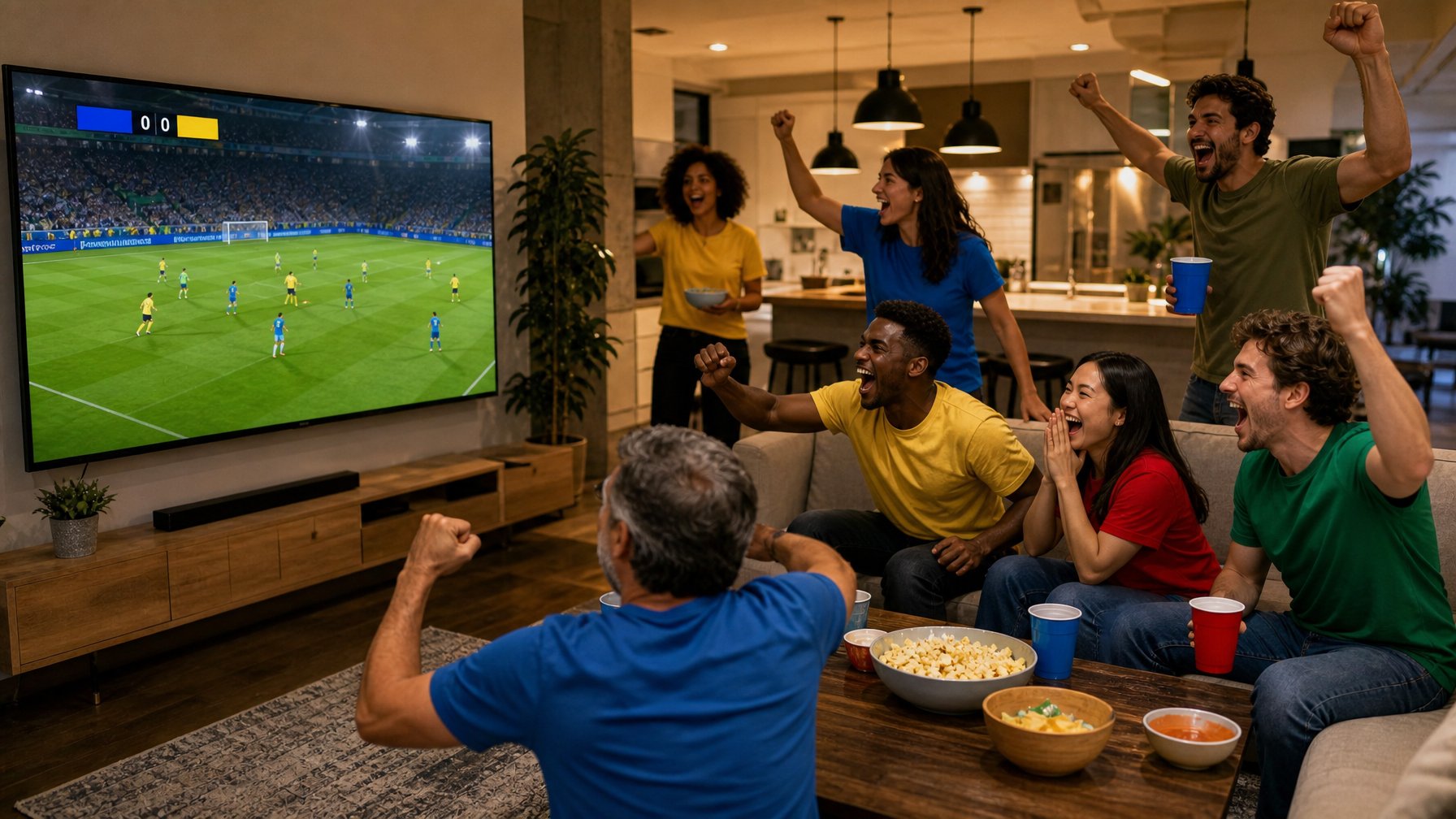 Diverse group of international friends cheering while watching a soccer match on a large TV in a modern Dallas vacation rental living room