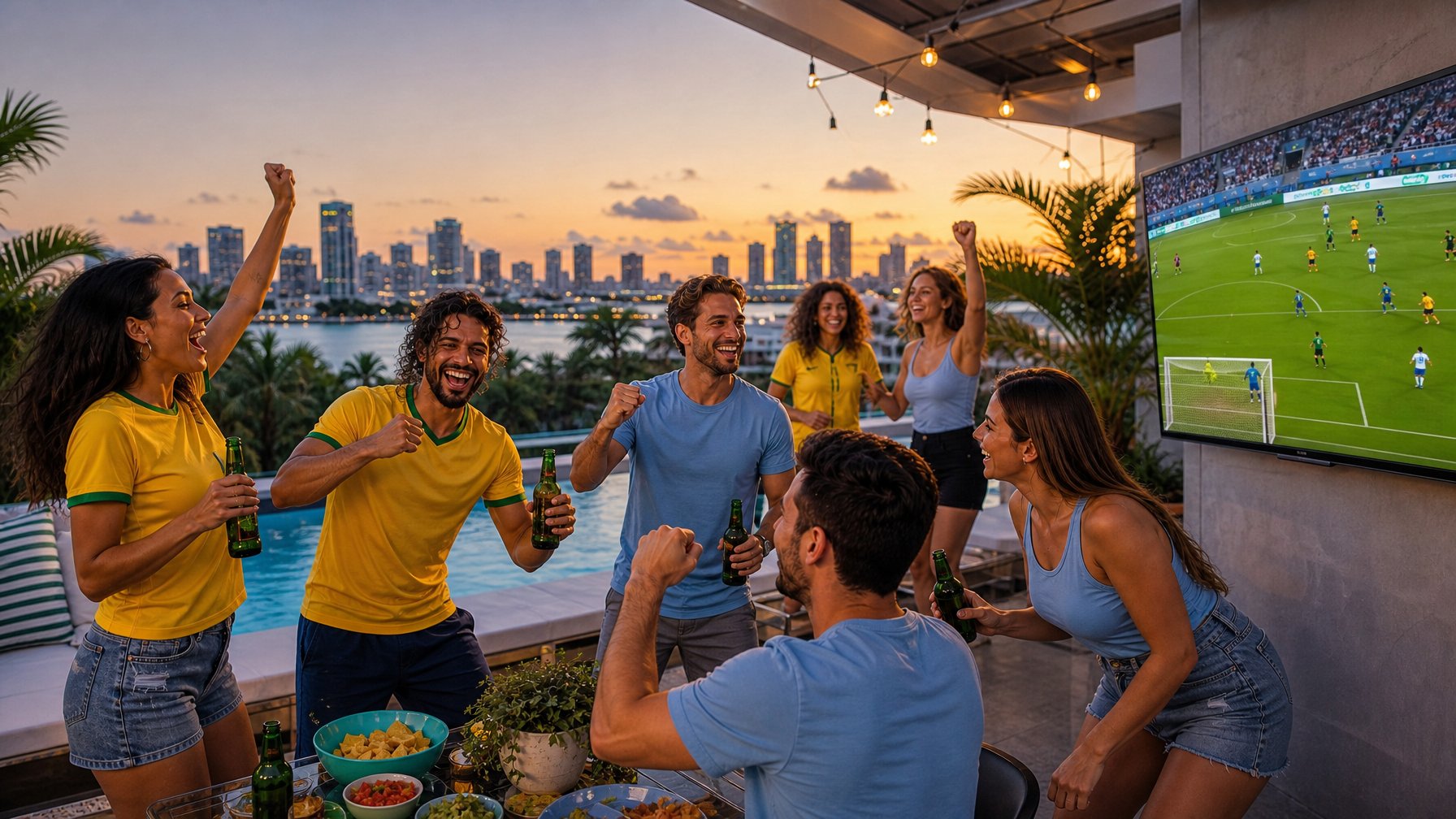 Friends celebrating on a Miami vacation rental terrace at dusk while watching a soccer match on an outdoor TV with the city skyline behind them