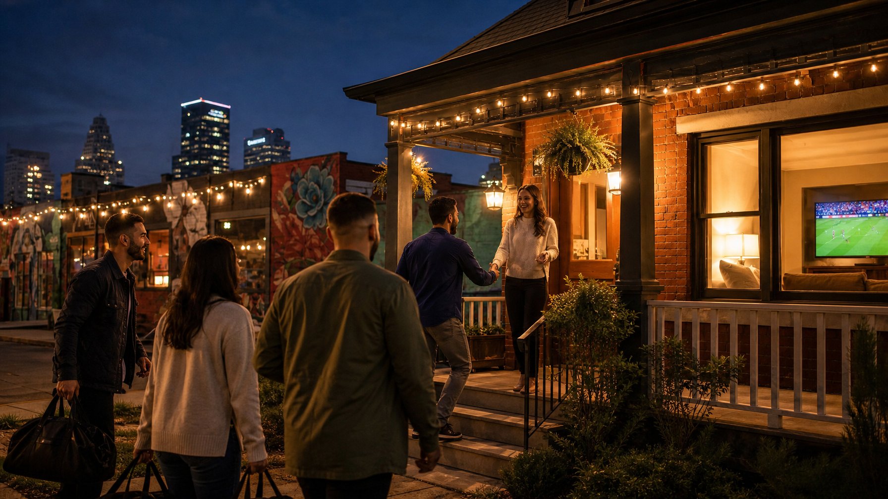 Diverse travelers with luggage arriving at a brick Kansas City vacation rental home at night, warmly greeted at the front steps