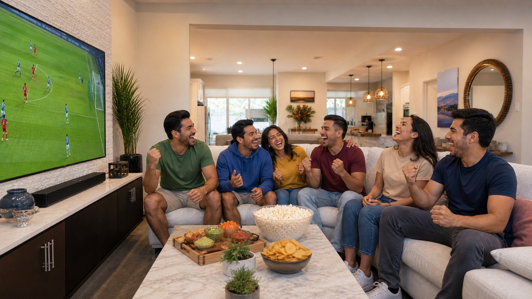 Diverse group of friends cheering while watching a soccer match on a large TV in a spacious vacation rental living room