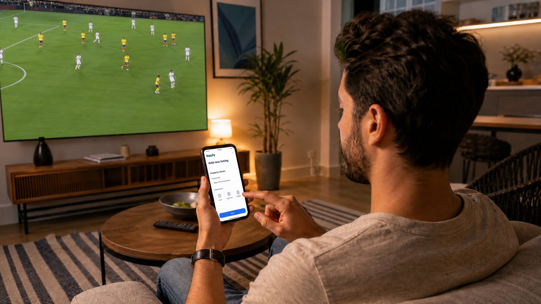 Vacation rental host setting up a direct booking listing on a smartphone while a soccer match plays on TV in the background