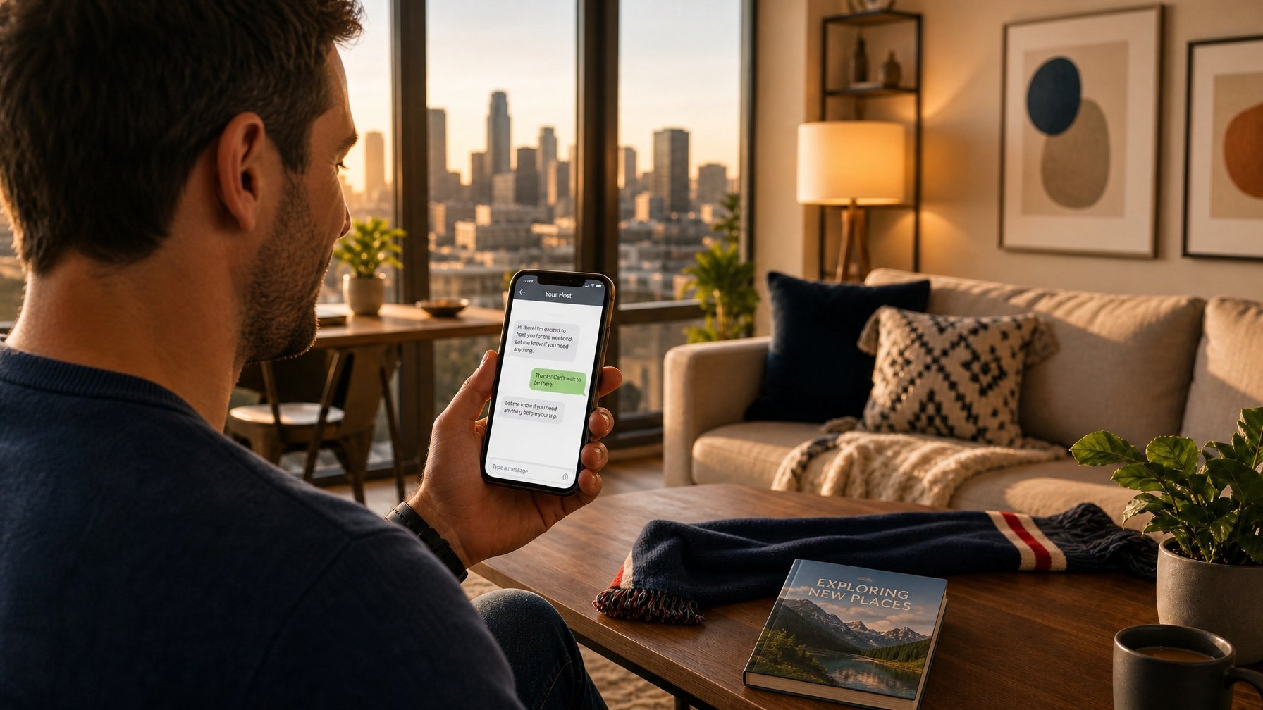 A World Cup fan smiling on a couch while messaging a vacation rental host directly on their smartphone to arrange a stay