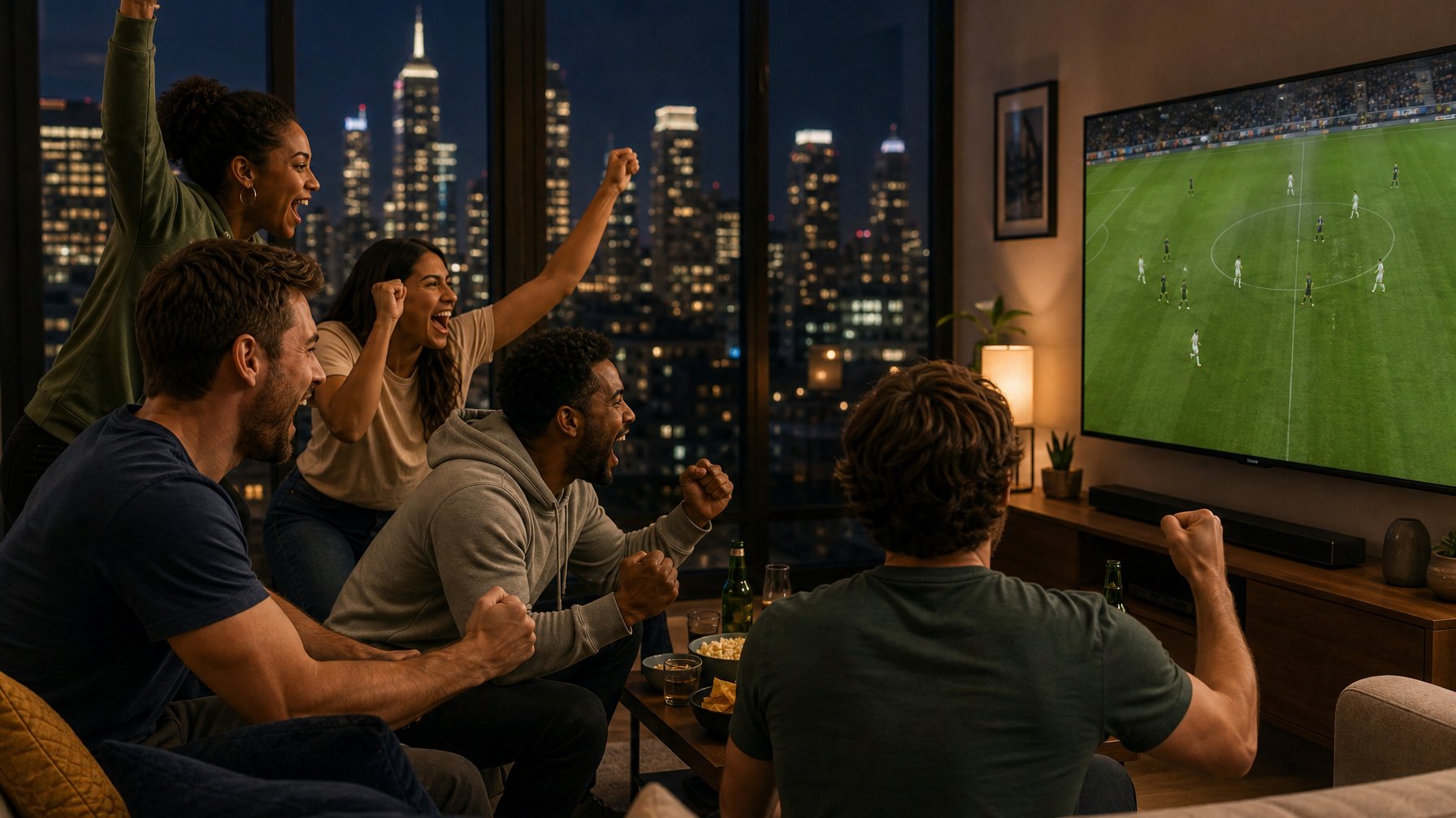 Diverse group of friends cheering while watching a soccer match on a large TV in a modern apartment with Manhattan skyline views at night