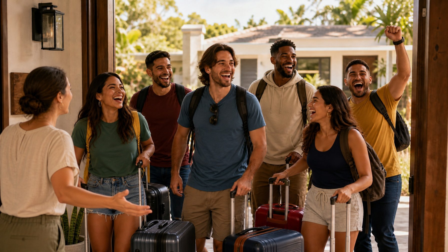 Group of five international travelers with luggage being welcomed by a host at a vacation rental entrance in natural daylight