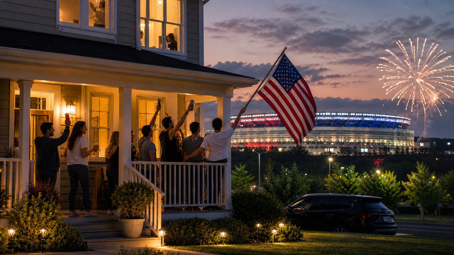 Group of fans celebrating on a suburban home porch at dusk with an illuminated stadium in the background and fireworks in the sky