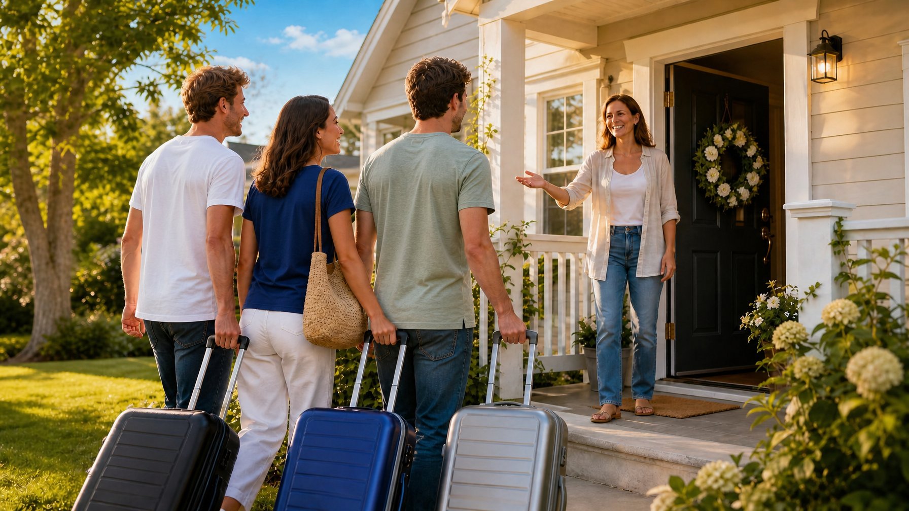 Three international travelers with suitcases arriving at a US vacation rental home, warmly greeted by the host at the door at golden hour